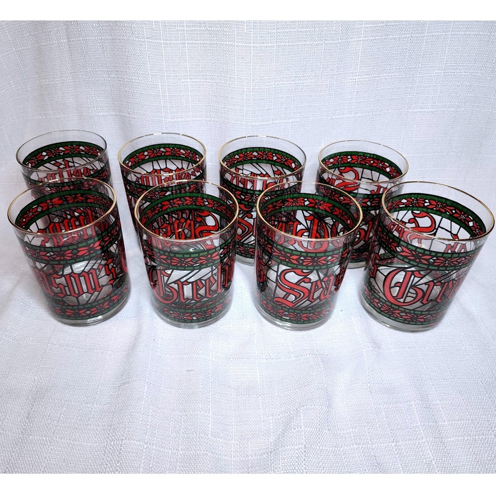 Vintage 70s Houze Stained Glass Xmas Lowball Glasses Seasons Greetings Set 8